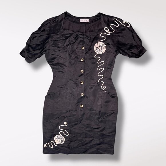 Vintage Italian Black Puff Sleeve Mini Dress Small - Picture 9 of 10